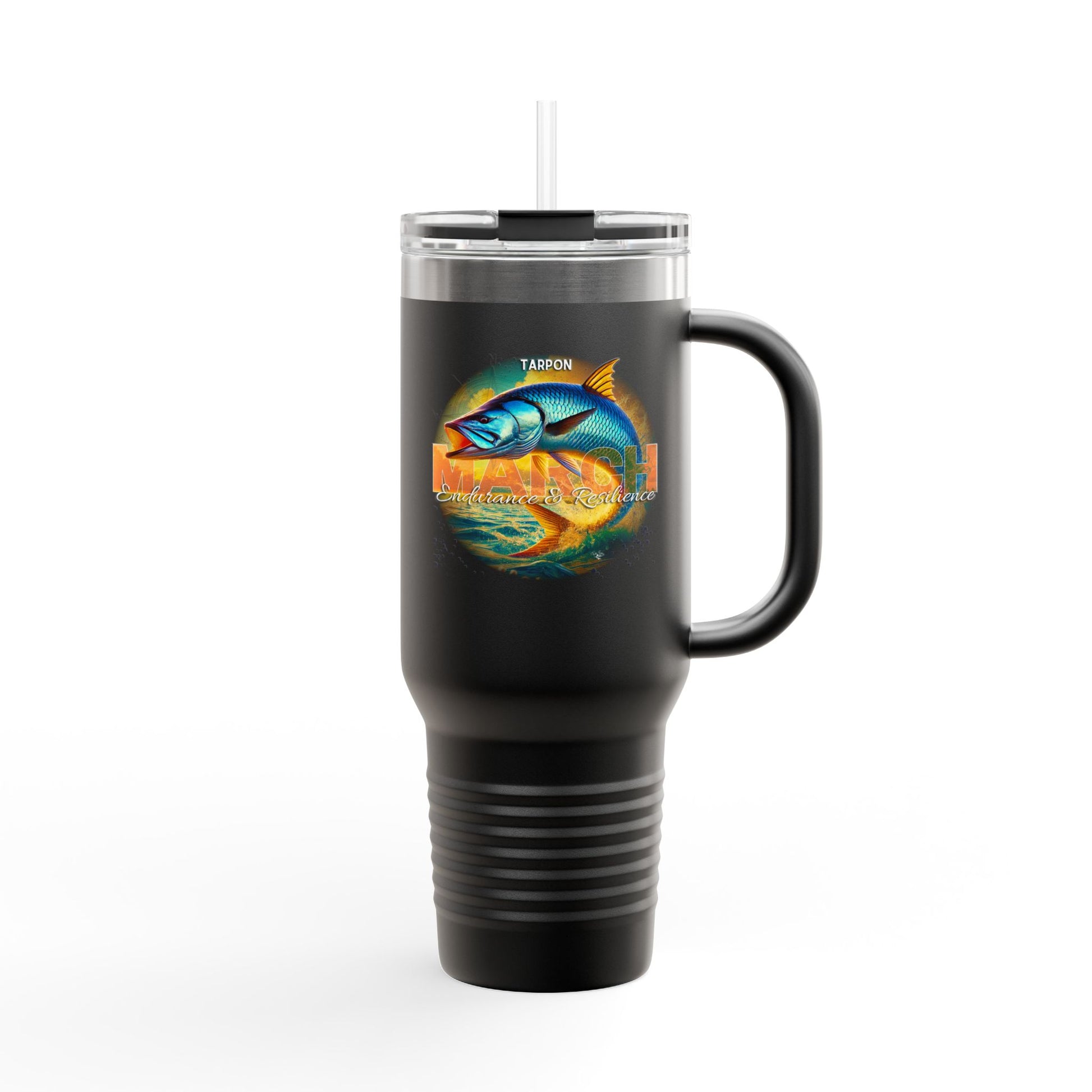 Black birth month travel mug featuring colorful tarpon fish design with lid and straw