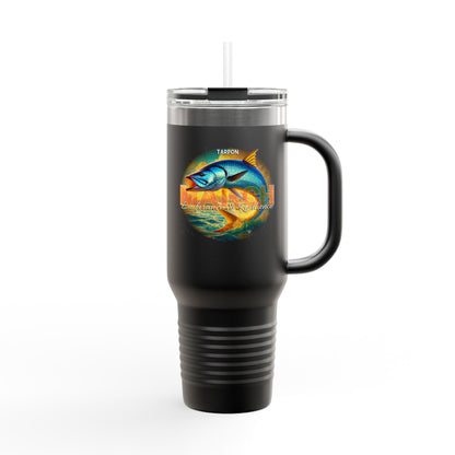 Black birth month travel mug featuring colorful tarpon fish design with lid and straw