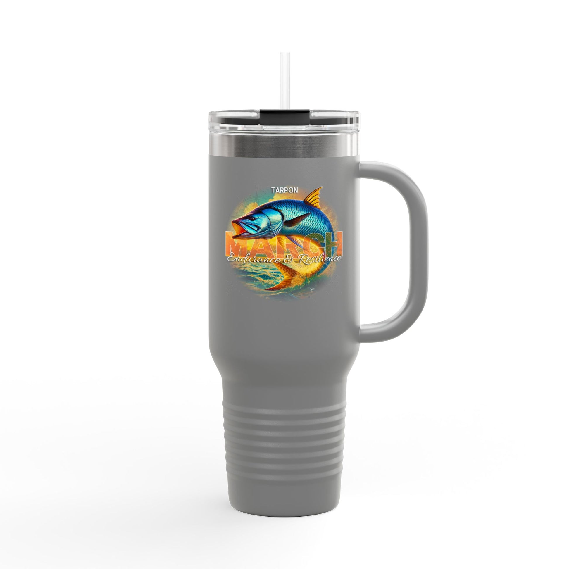 Gray birth month travel mug featuring colorful tarpon fish design with lid and straw