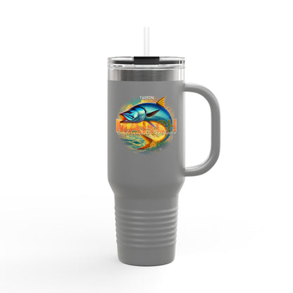 Gray birth month travel mug featuring colorful tarpon fish design with lid and straw