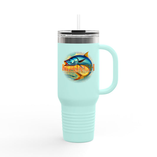 Birth month travel mug in light blue with fish graphic and March text design