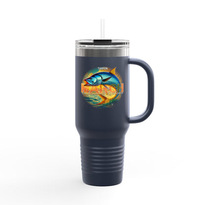 Navy blue birth month travel mug with tarpon fish design and clear lid with straw