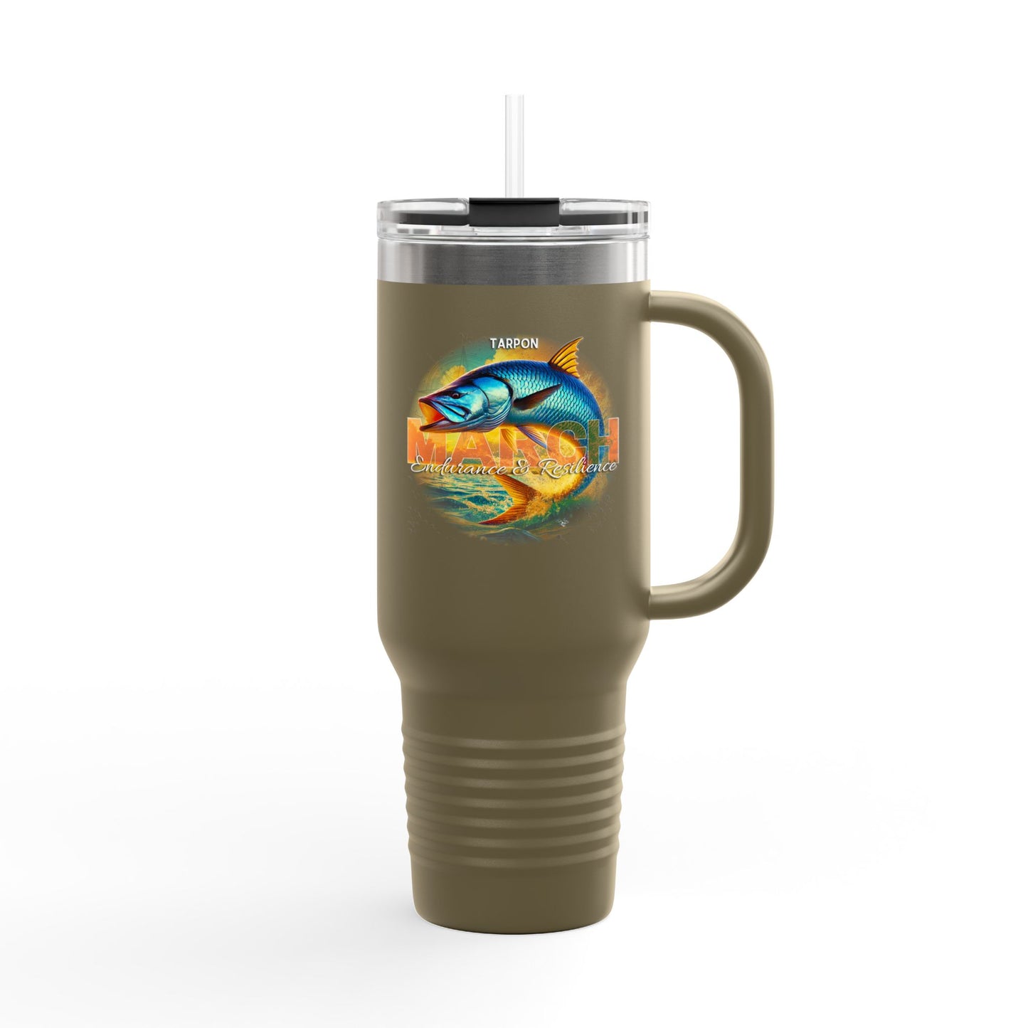 Birth month travel mug with colorful tarpon fish design and handle in olive green
