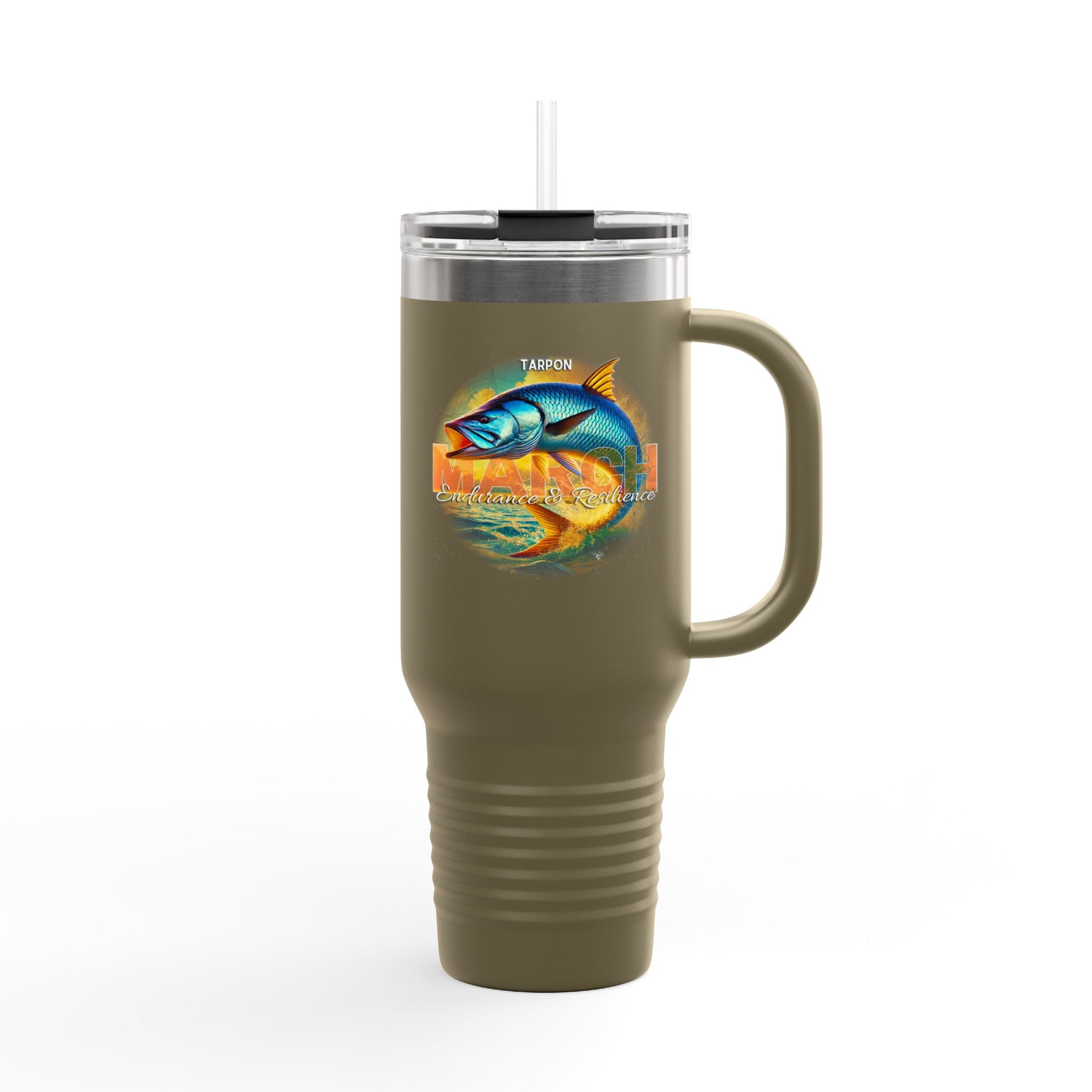 Birth month travel mug with colorful tarpon fish design and handle in olive green
