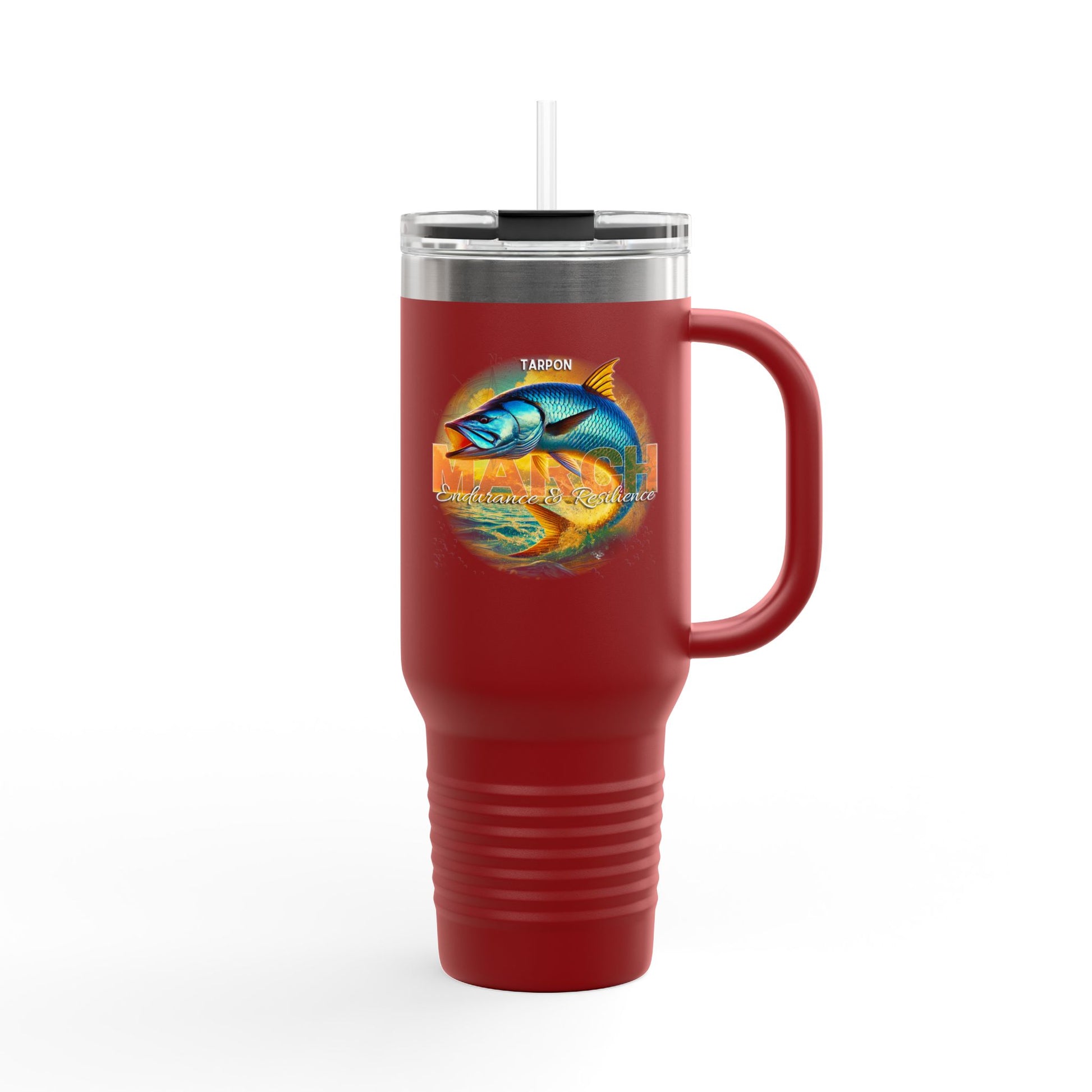 Red birth month travel mug with tarpon fish design and clear lid with straw
