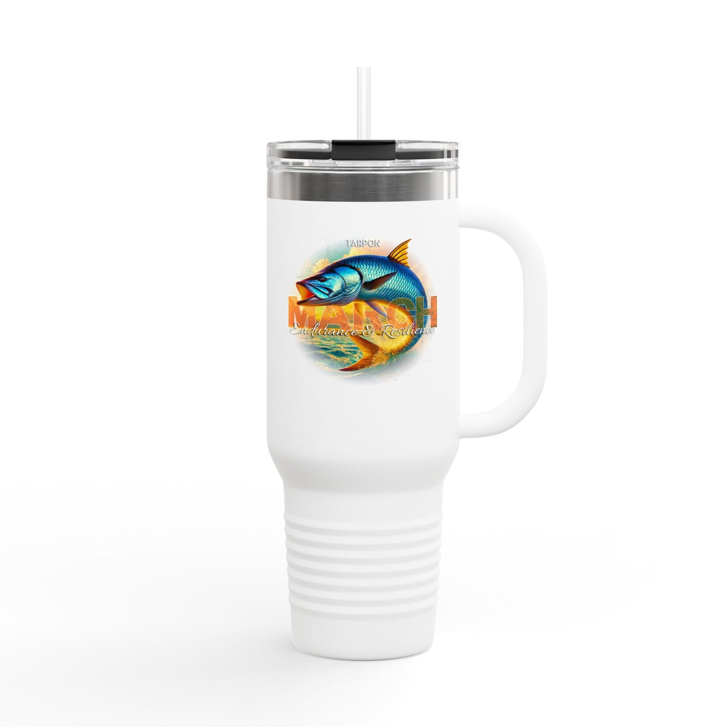 White birth month travel mug with colorful March fish design and handle