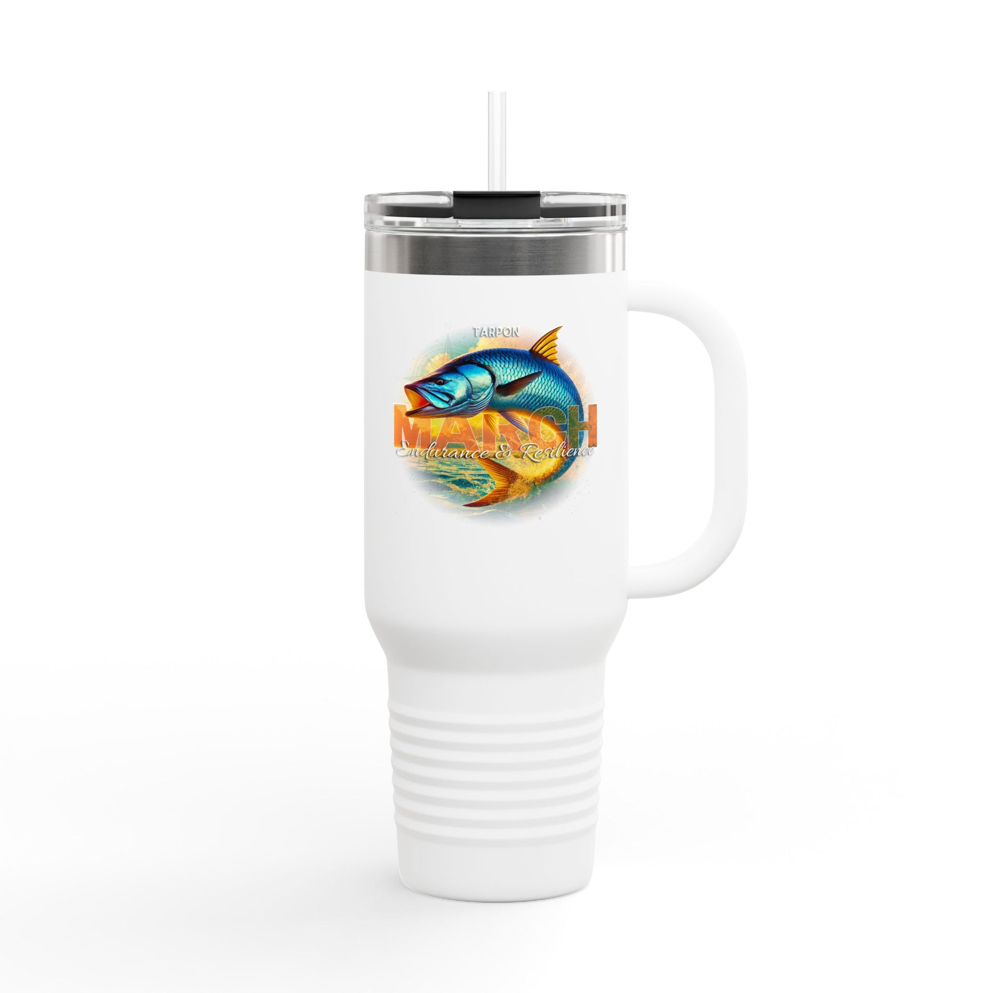 White birth month travel mug with colorful March fish design and handle