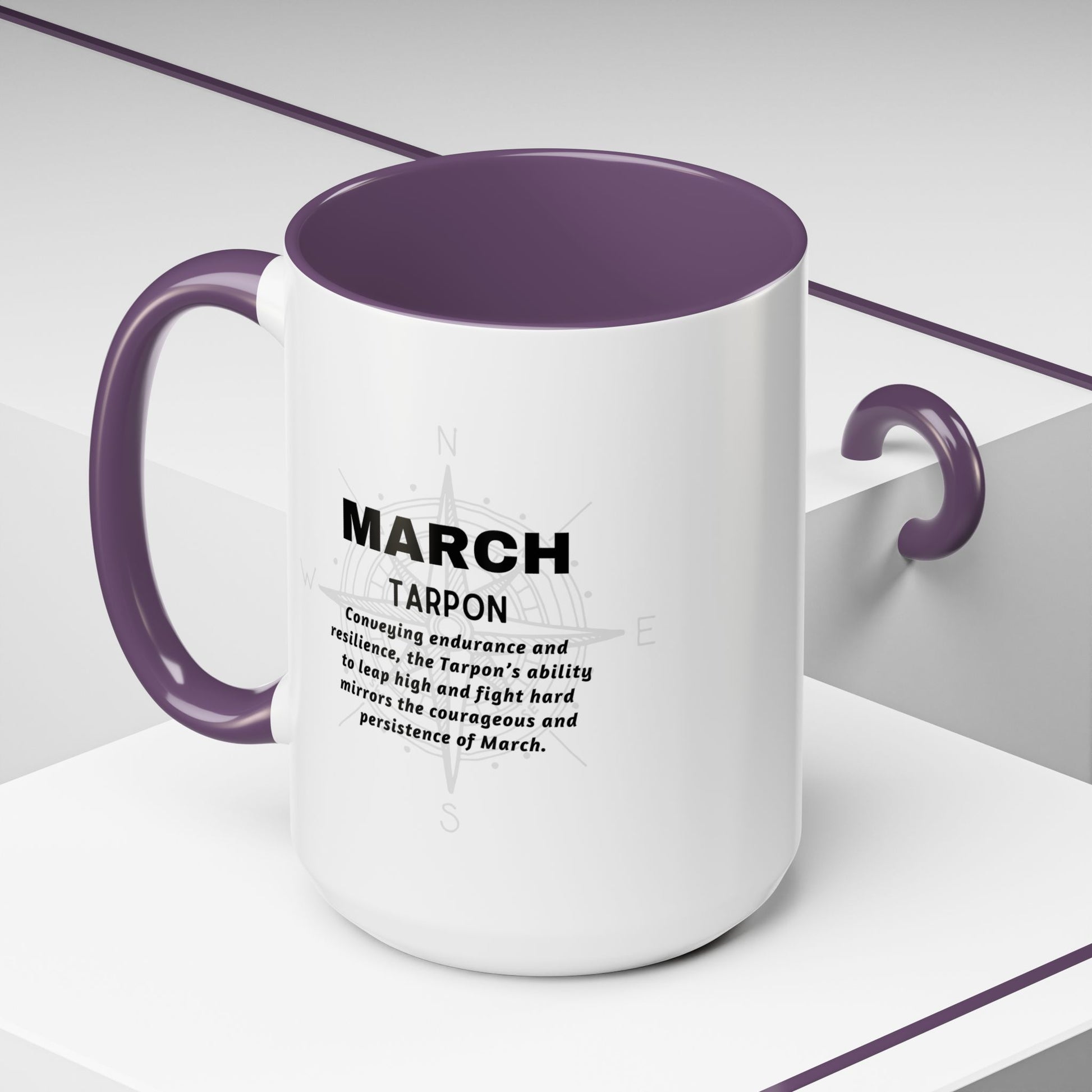 White birth month coffee mug with purple interior and handle featuring text about March Tarpon on a light gray background