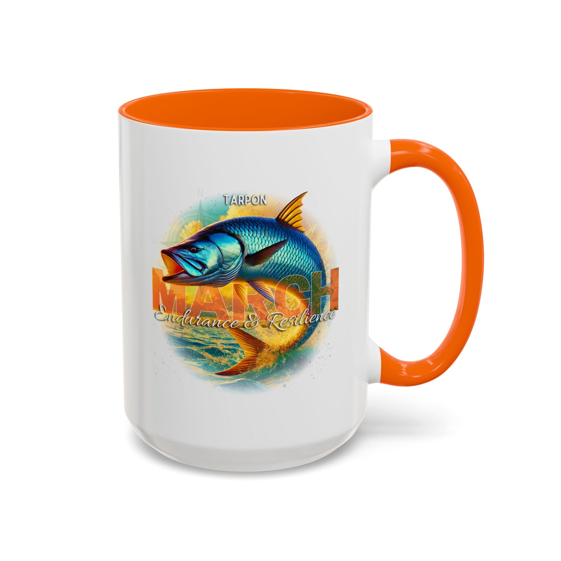 Birth Month coffee mug with a March Tarpon with orange interior and handle on a white background
