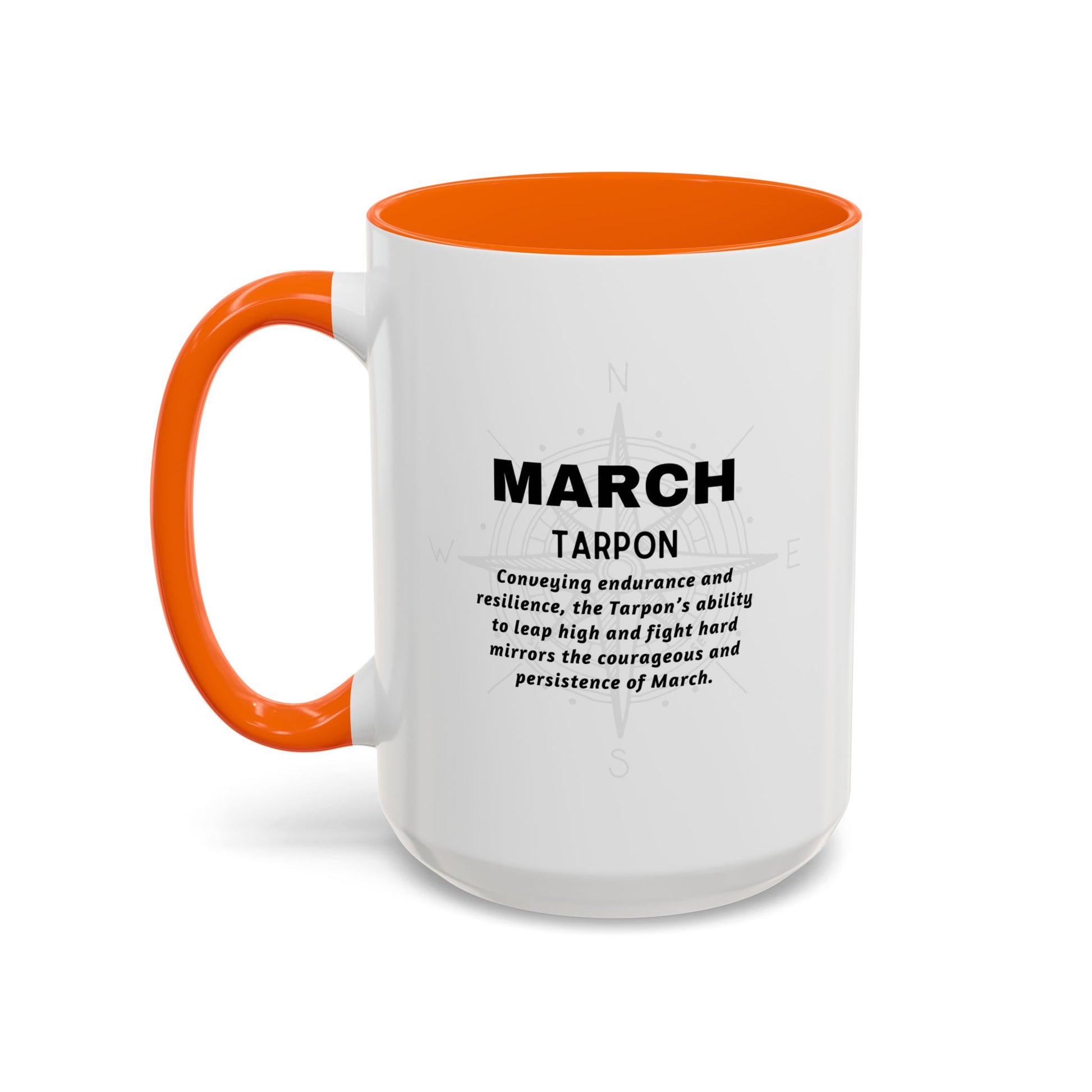 White coffee mug with orange handle and interior, featuring text about March Tarpon.