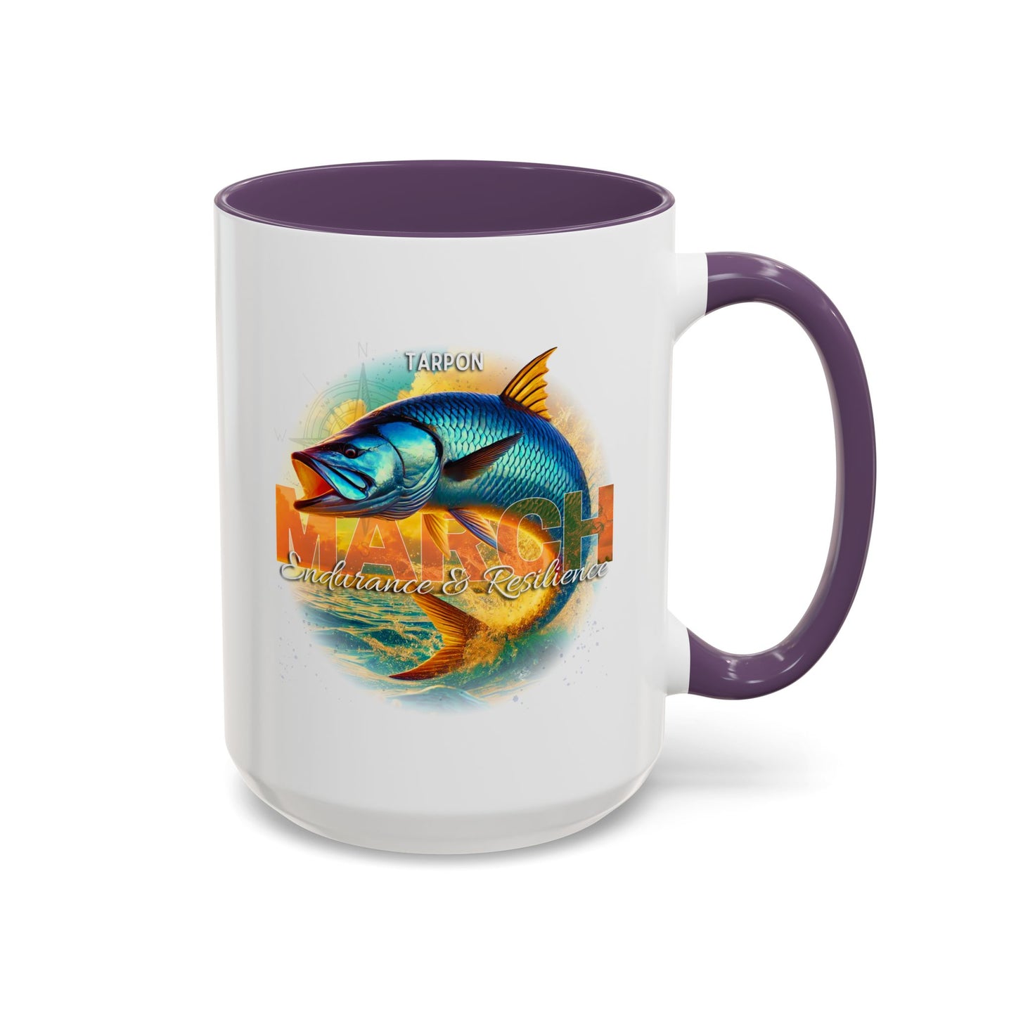 March Tarpon coffee mug purple handle and text on a white background