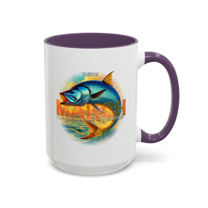March Tarpon coffee mug purple handle and text on a white background