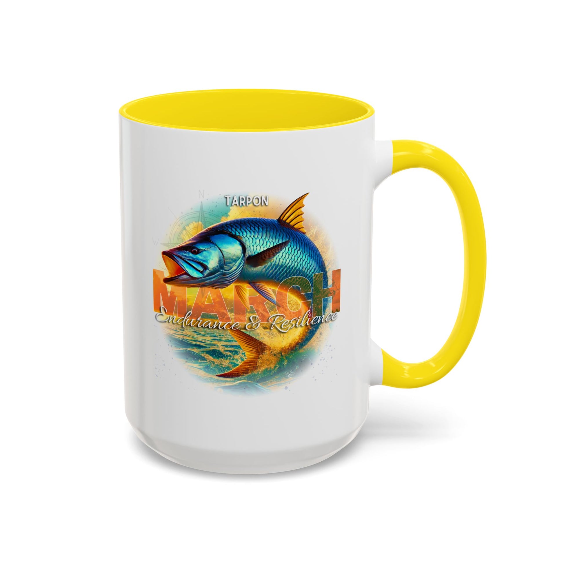 March Tarpon birth month mug with a yellow interior and handle on a white background