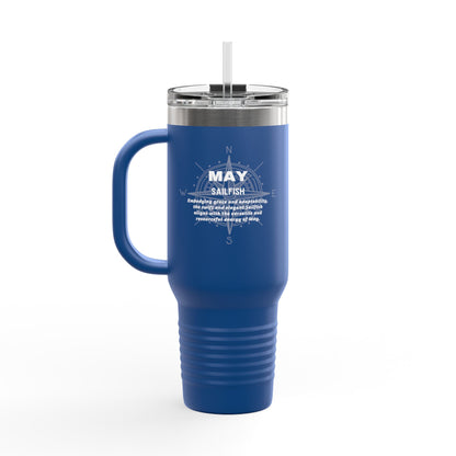 Blue May sailfish birth month travel mug with handle and clear lid 