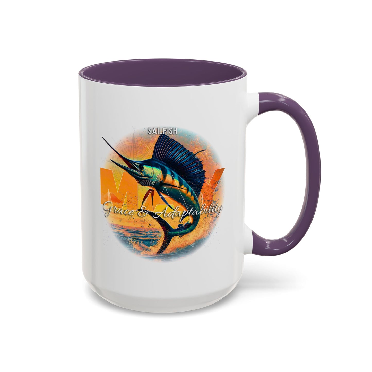 May Sailfish coffee mug with sailfish design and text on a white background
