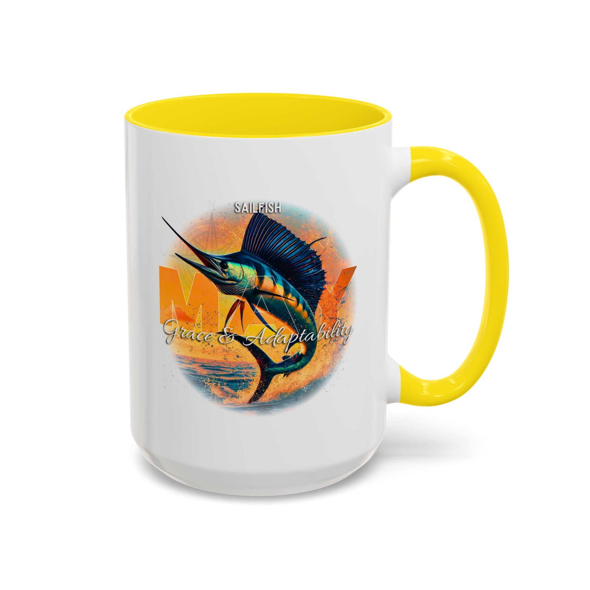 May Sailfish coffee mug with sailfish design and 'Grace & Adaptability' text on a white background