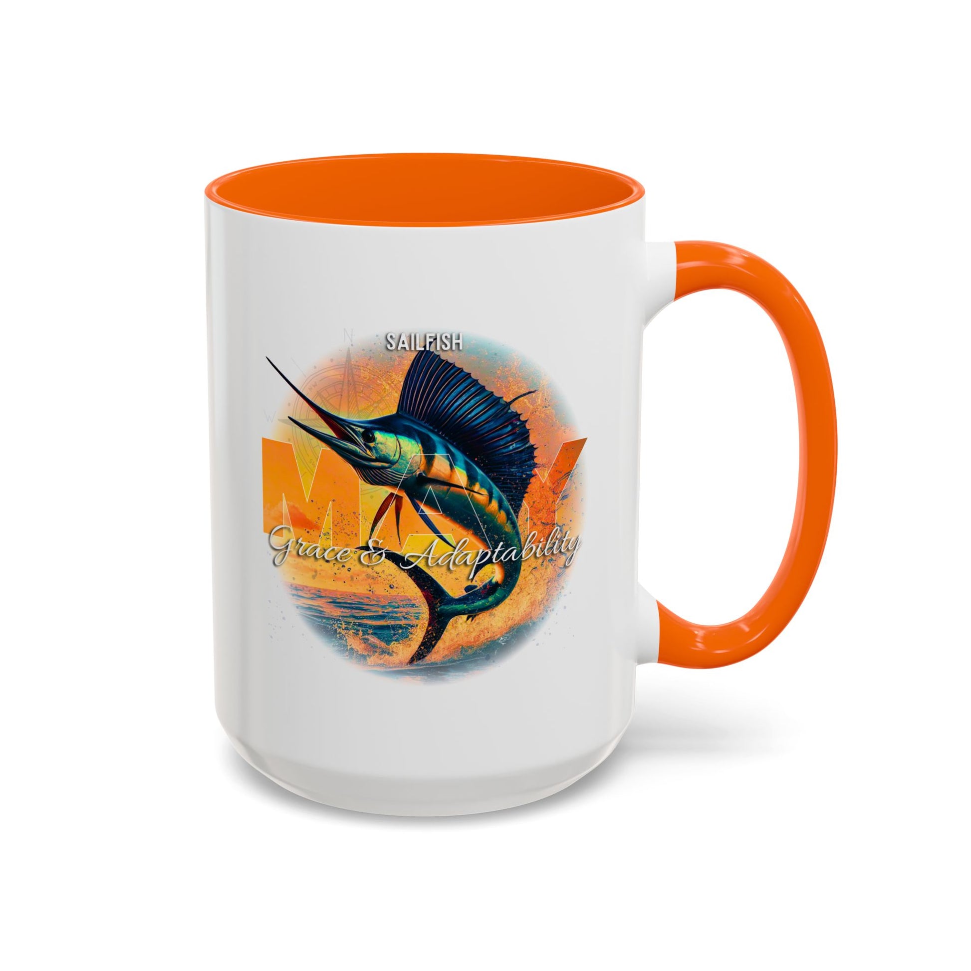 May Sailfish coffee mug with sailfish design and 'Grace & Adaptability' text on a white background