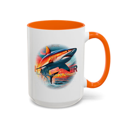 Birth Month Coffee Mug with November Shark design and orange interior and handle on a white background