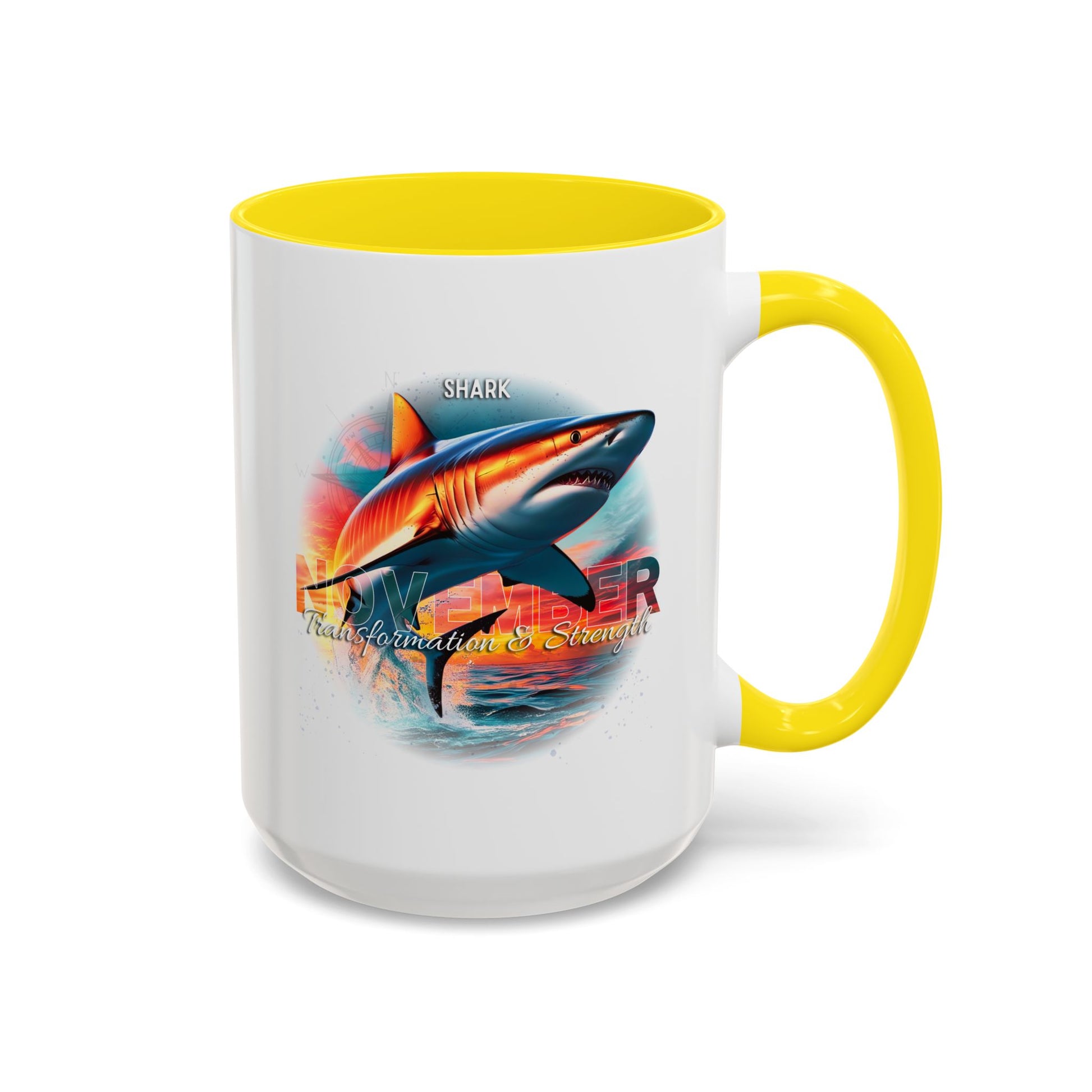 Birth Month Coffee Mug with November Shark design and yellow interior and handle on a white background