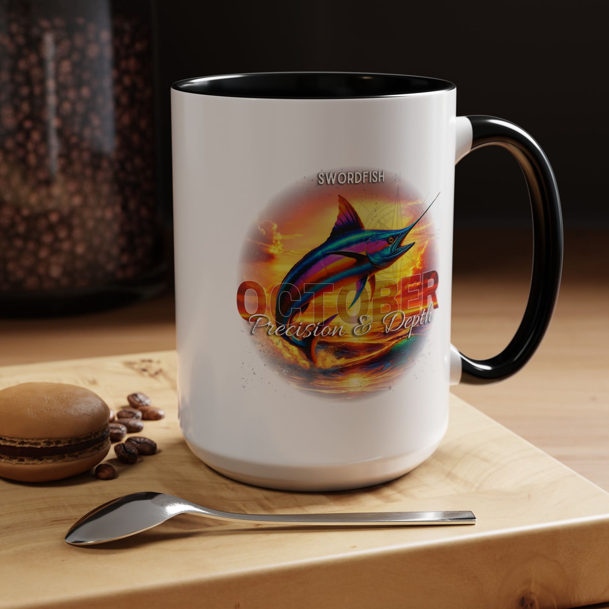 October birth month coffee mug with colorful swordfish design and black handle 