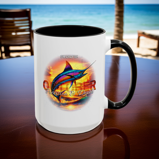 October birth month coffee mug featuring colorful swordfish design with black handle and rim