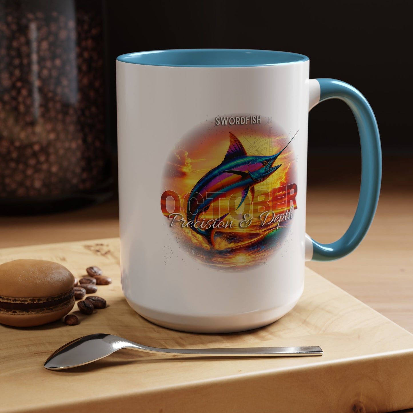 October birth month coffee mug with swordfish design and blue handle on wooden table