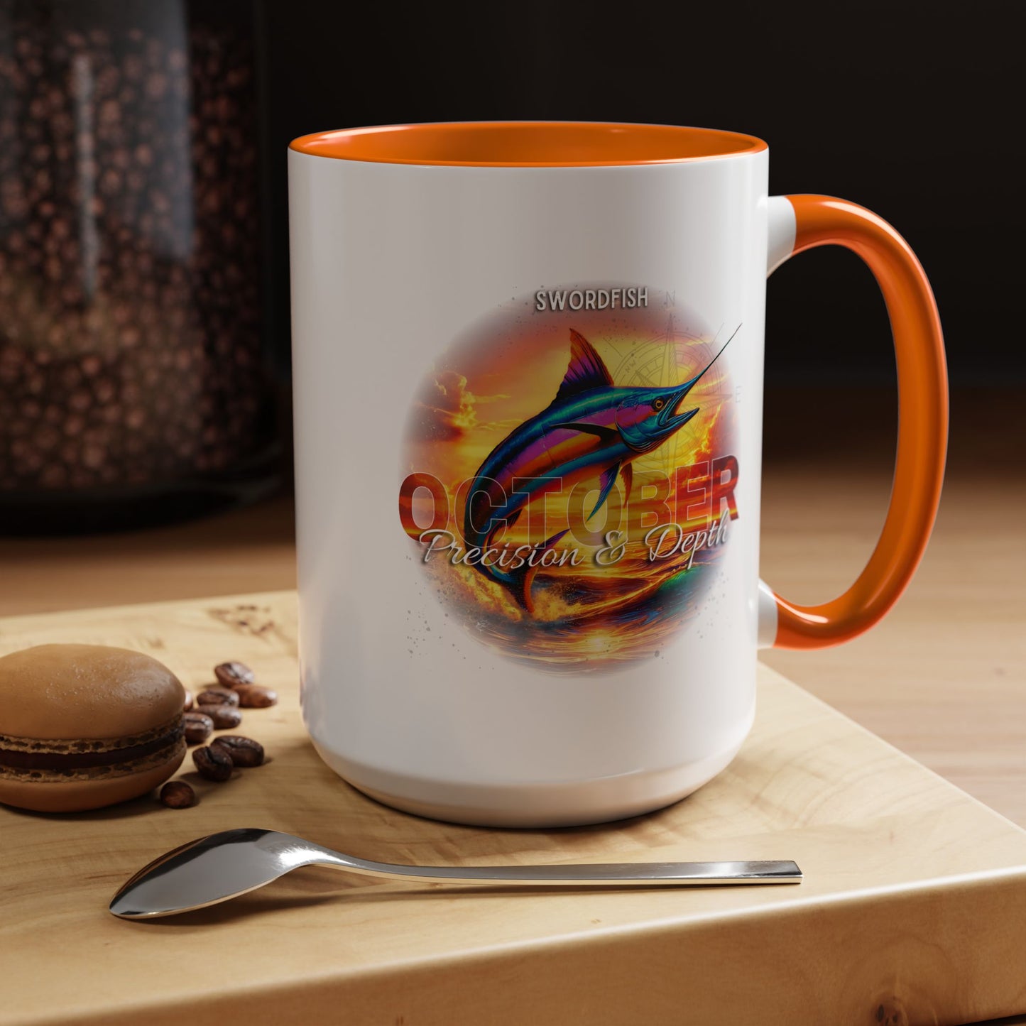 October swordfish birth month coffee mug with orange handle and interior