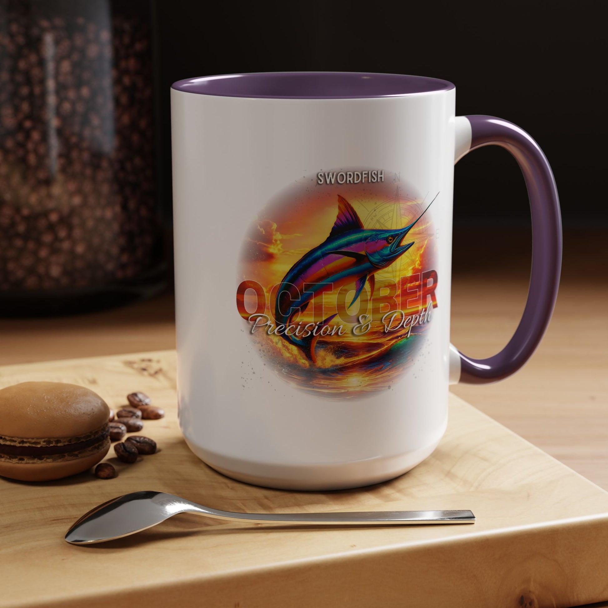 Birth month coffee mug with swordfish October design and purple handle and interior