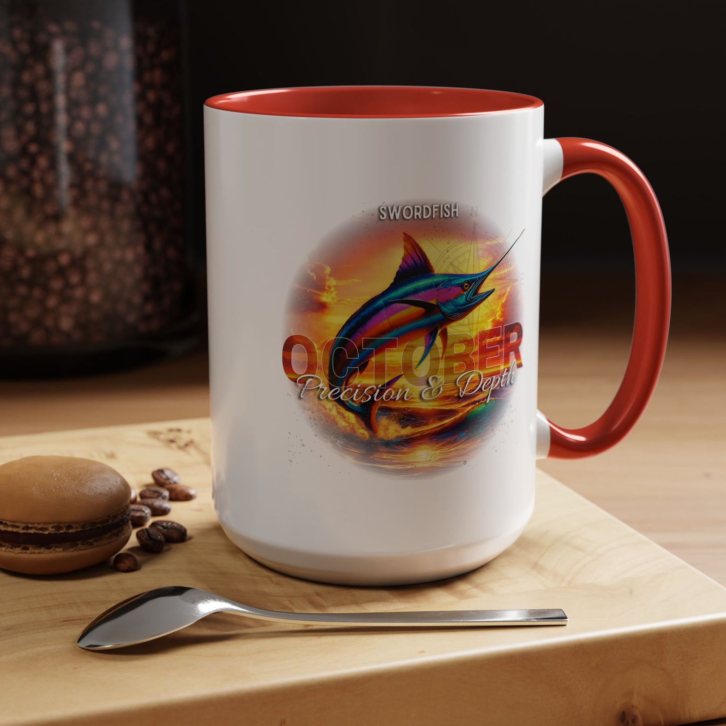Birth month coffee mug featuring colorful swordfish design with orange interior and handle