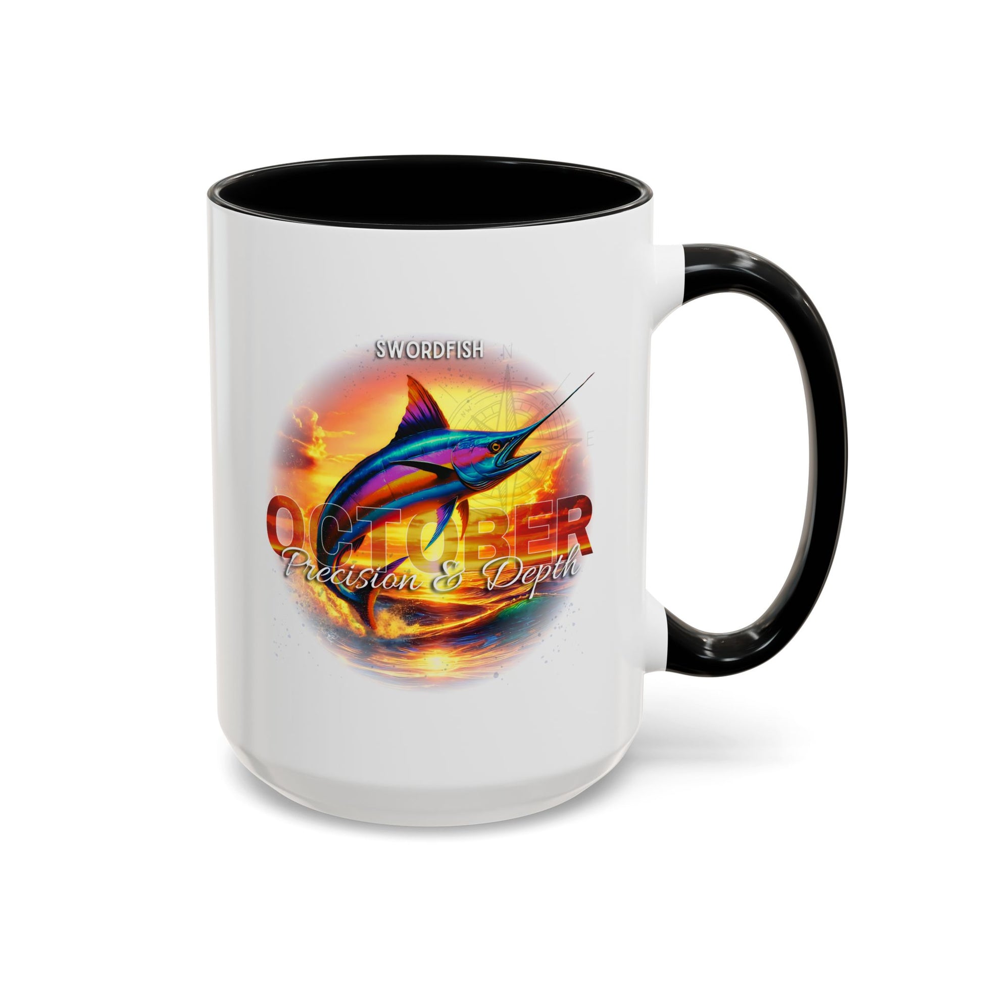 October birth month coffee mug with swordfish design and sunset background 