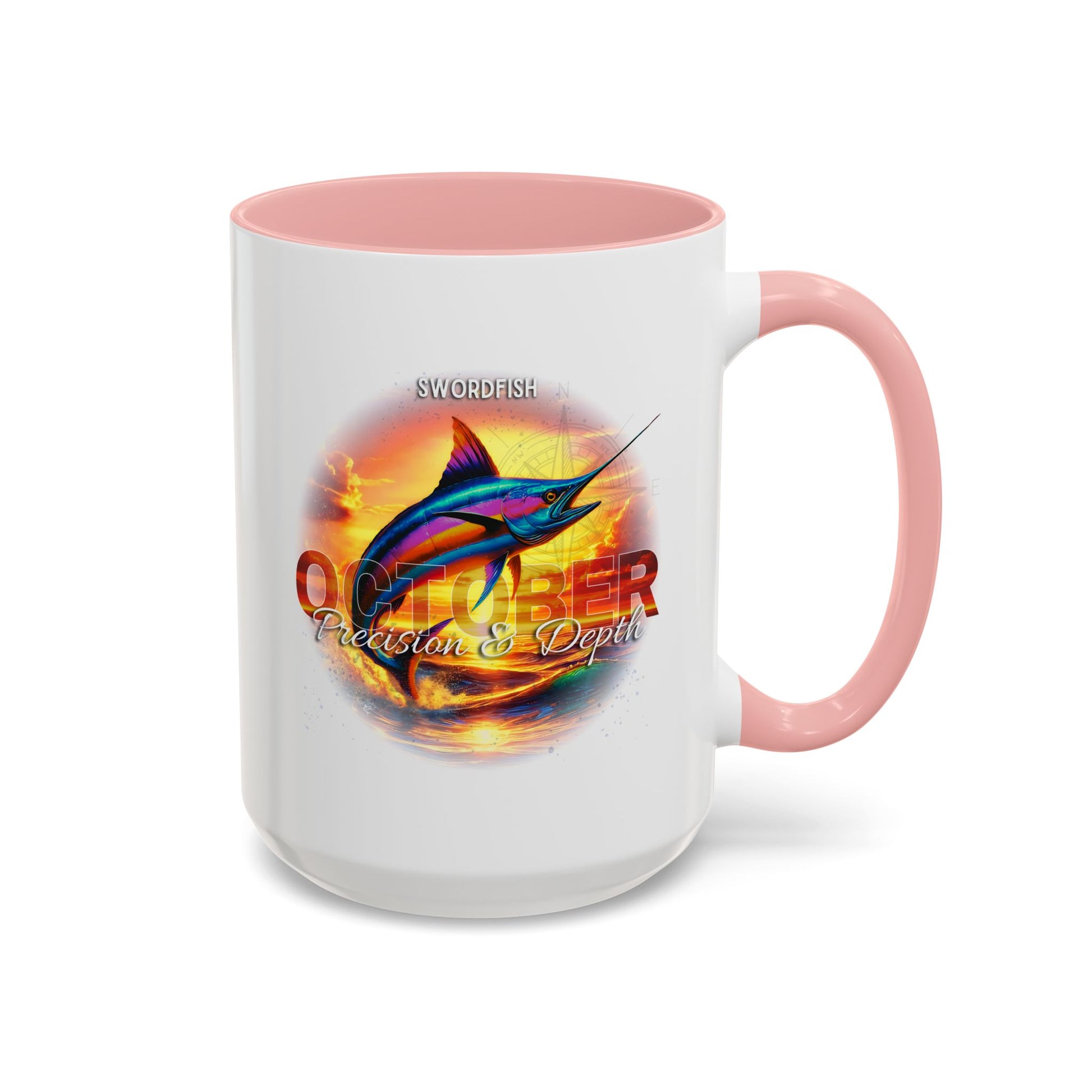 October birth month coffee mug with colorful swordfish design and pink handle and interior