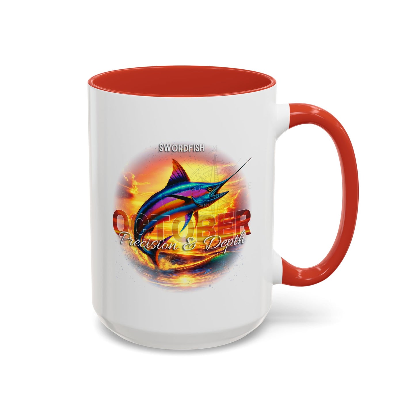October birth month coffee mug with colorful swordfish design and red handle
