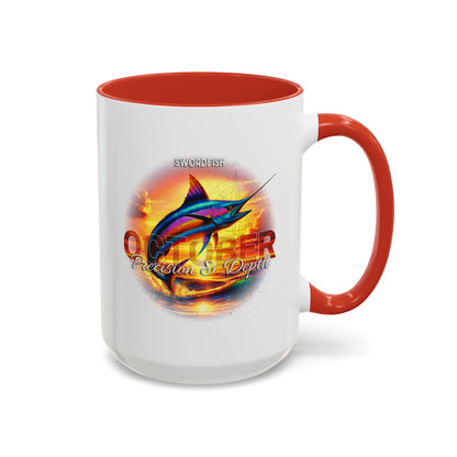 October birth month coffee mug with colorful swordfish design and red handle