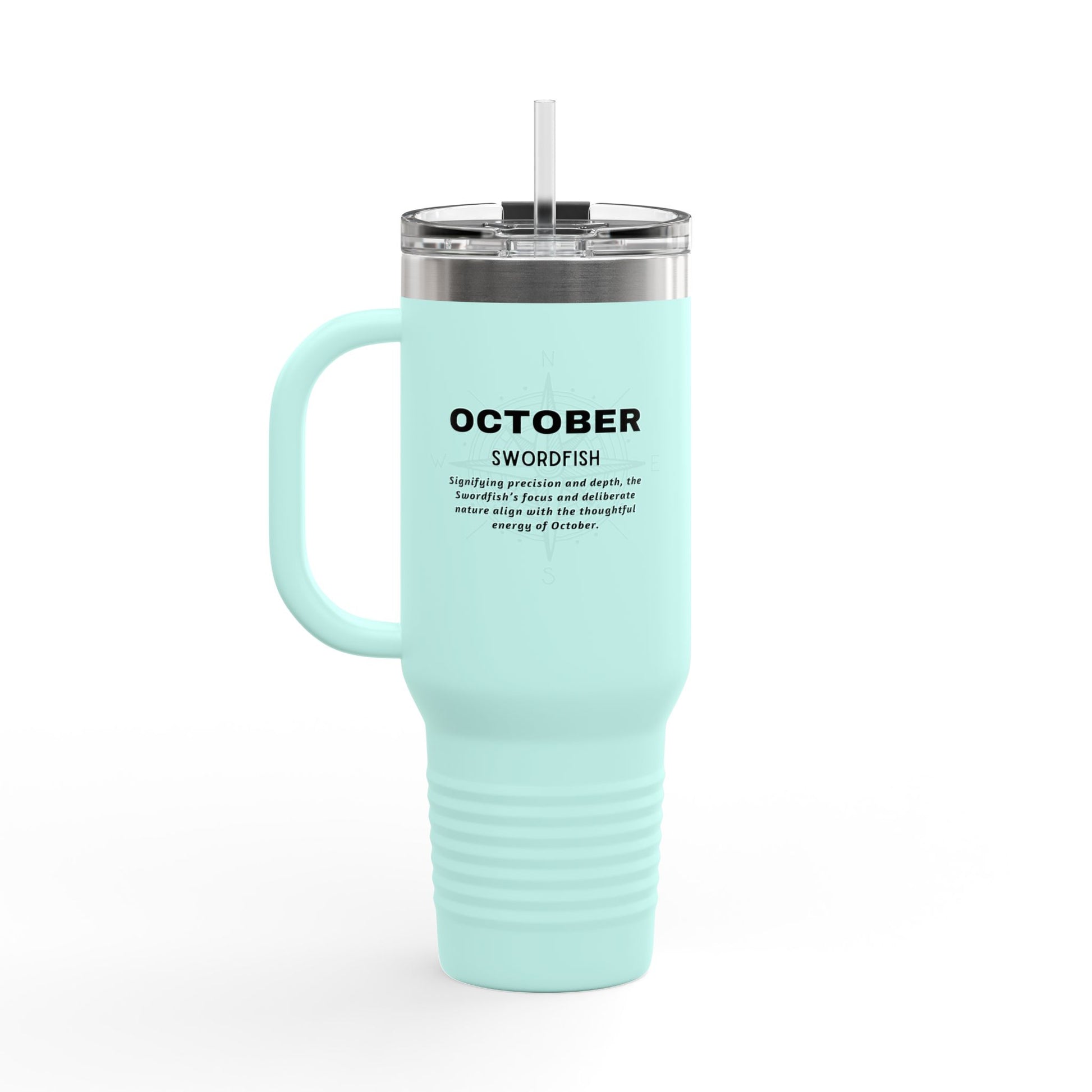 Light blue October birth month travel mug with handle and clear lid 