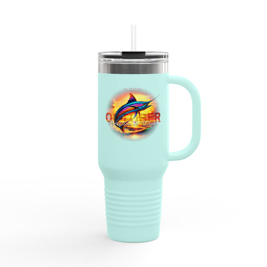 Light blue birth month travel mug with handle and marlin fish design 