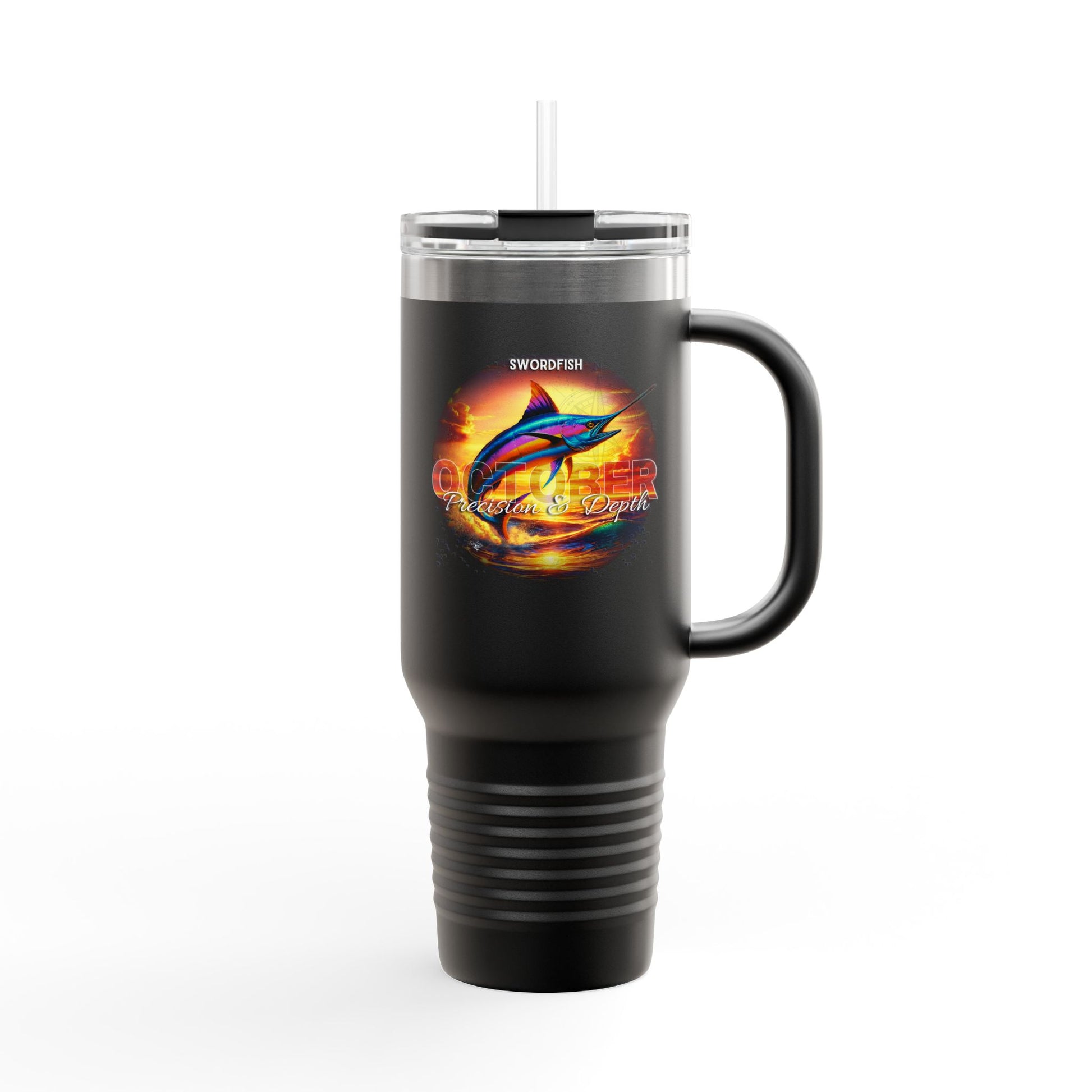 Black birth month travel mug with swordfish design and clear lid with straw