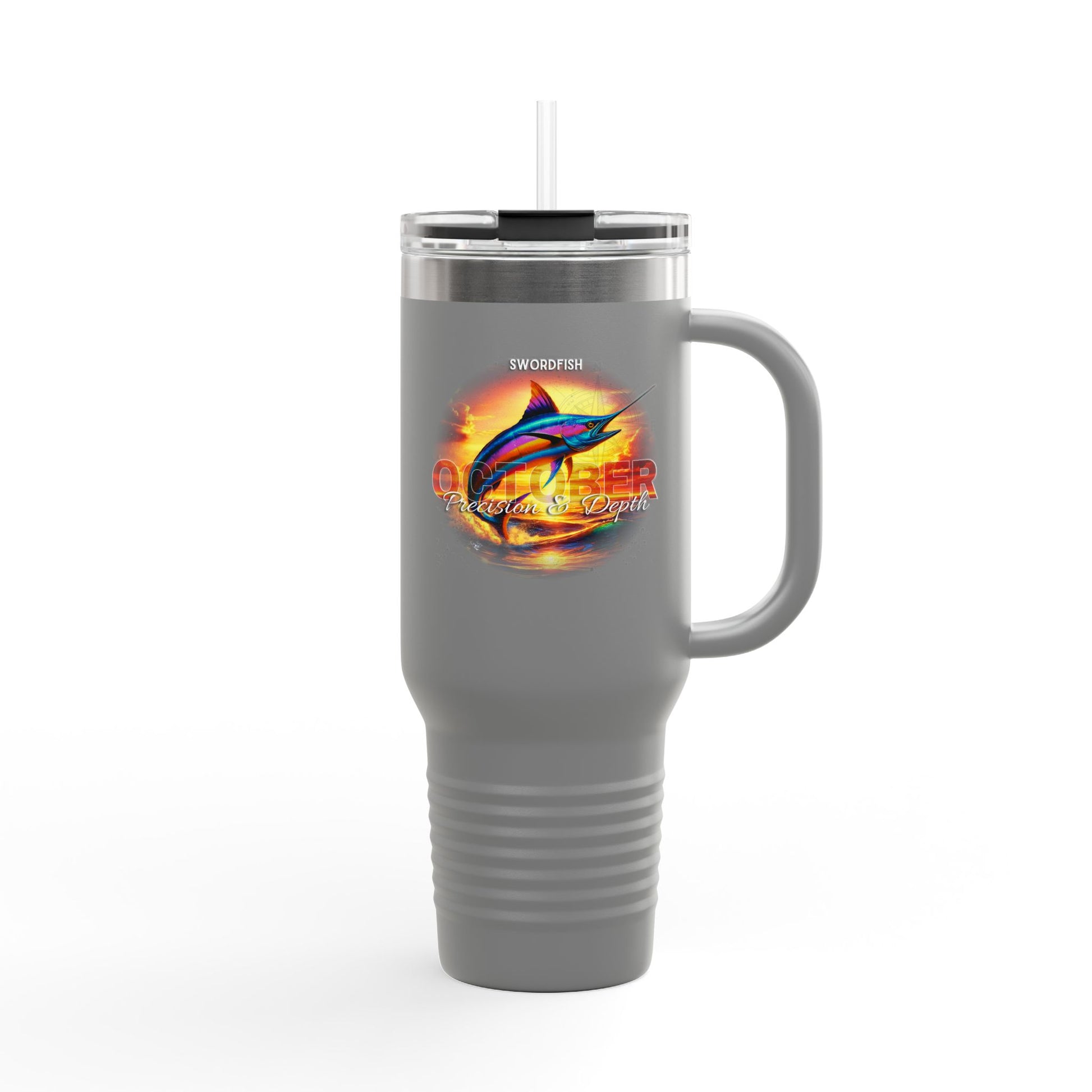 Gray birth month travel mug with swordfish design and clear lid with straw