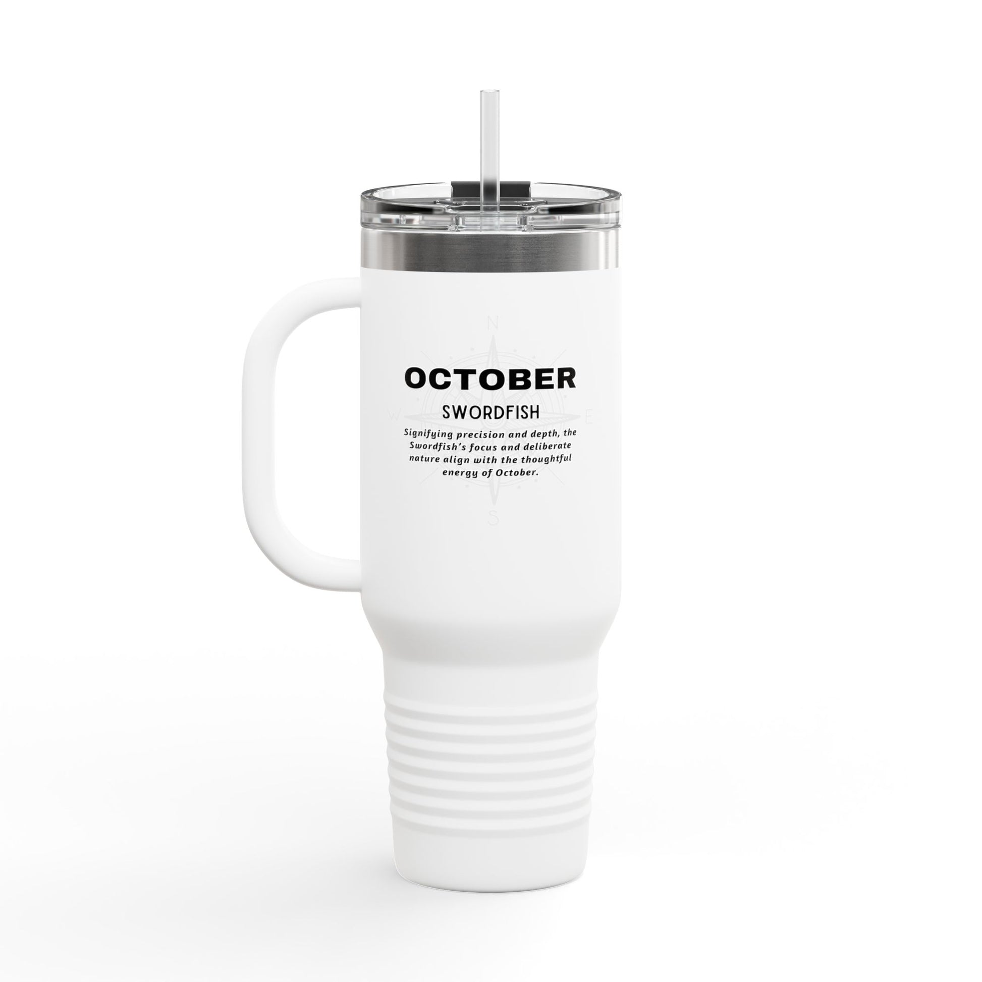 White October birth month travel mug with handle and lid featuring Swordfish design