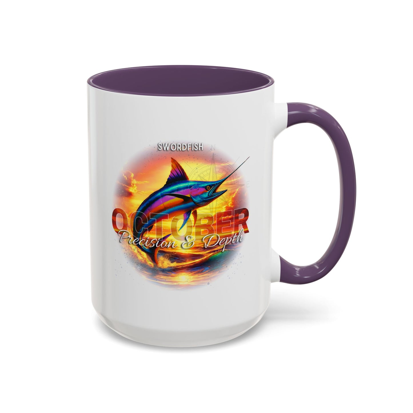 Birth Month Coffee Mug with October swordfish design and 'October Precision & Depth' text on a white background