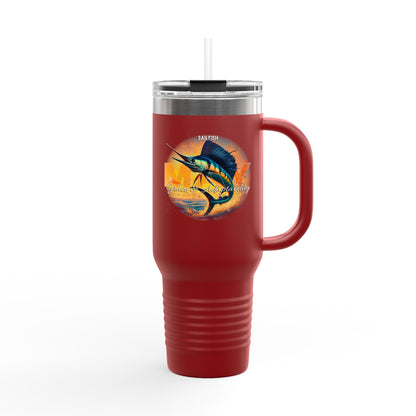 Red birth month travel mug featuring a sailfish design with handle and clear lid