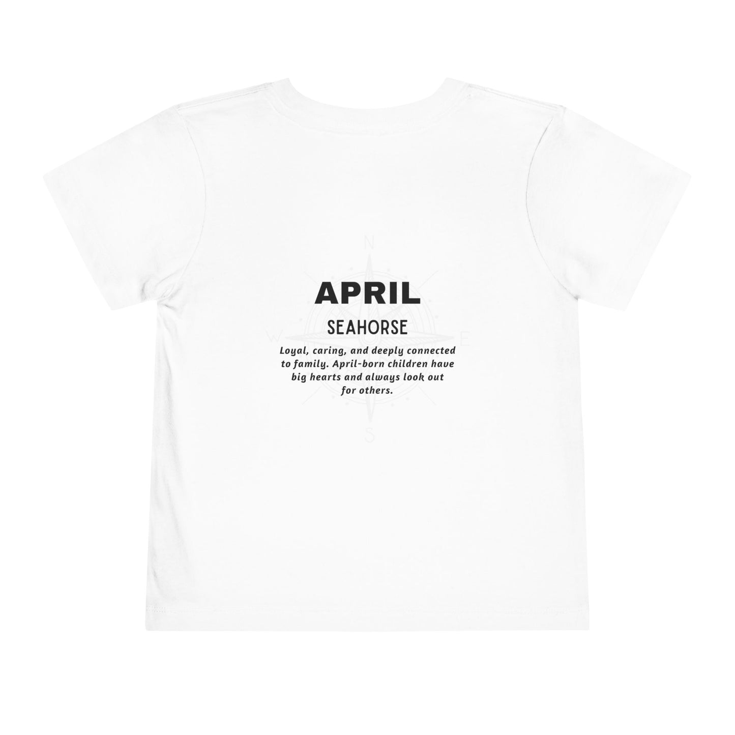 White kids birth month tshirt with April Seahorse design and description 