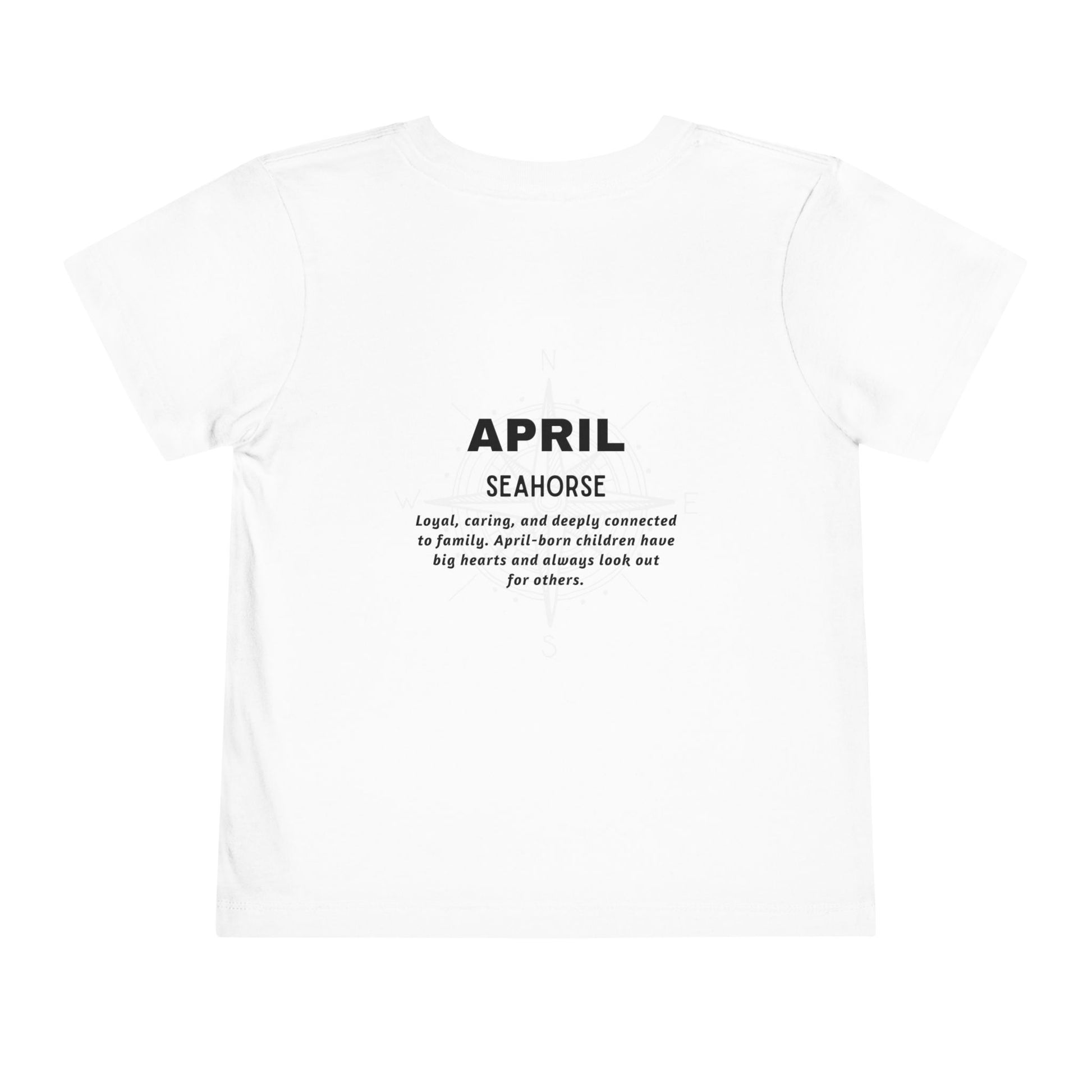White kids birth month tshirt with April Seahorse design and description 