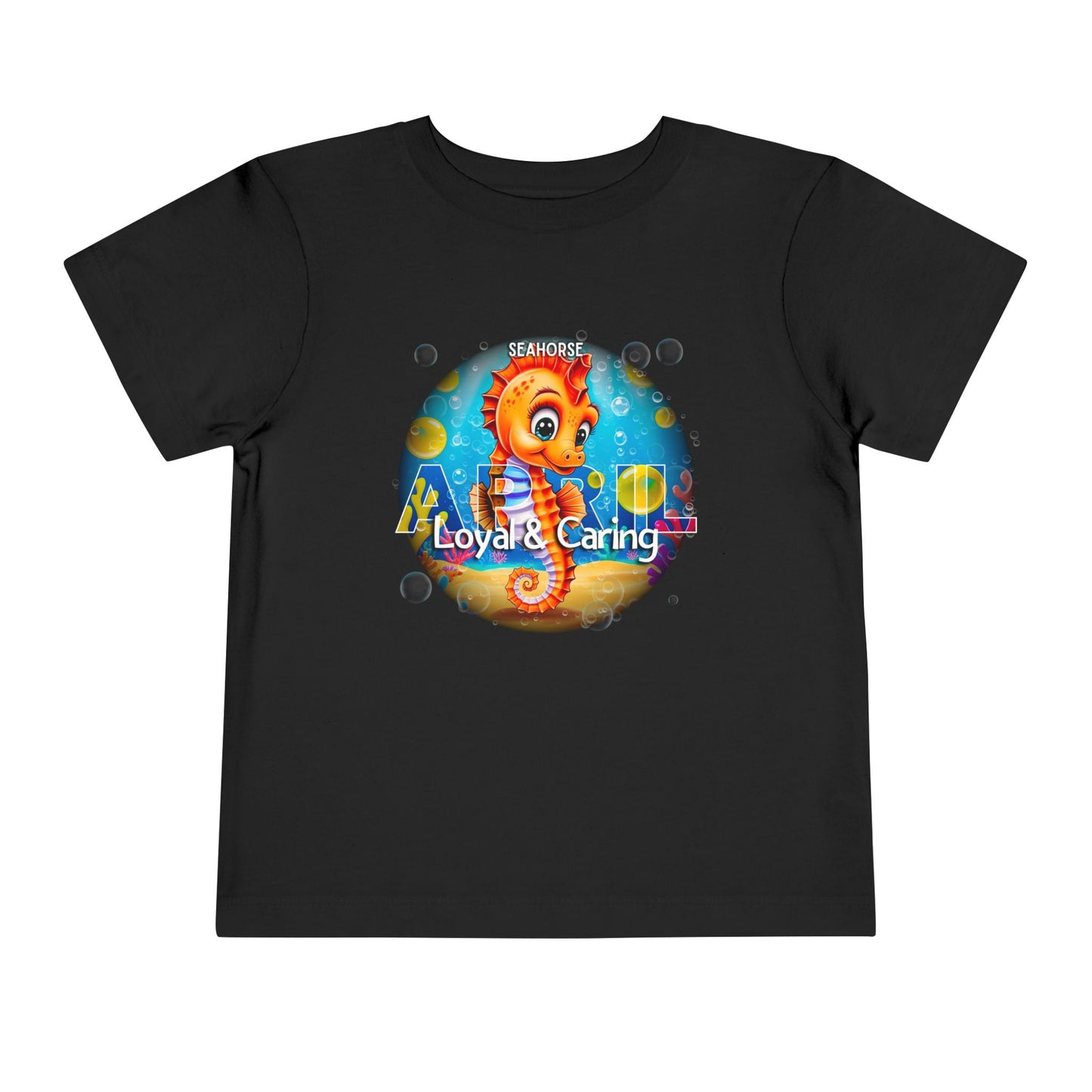 Kids birth month tshirt with colorful seahorse design and loyal caring text on black kids clothes