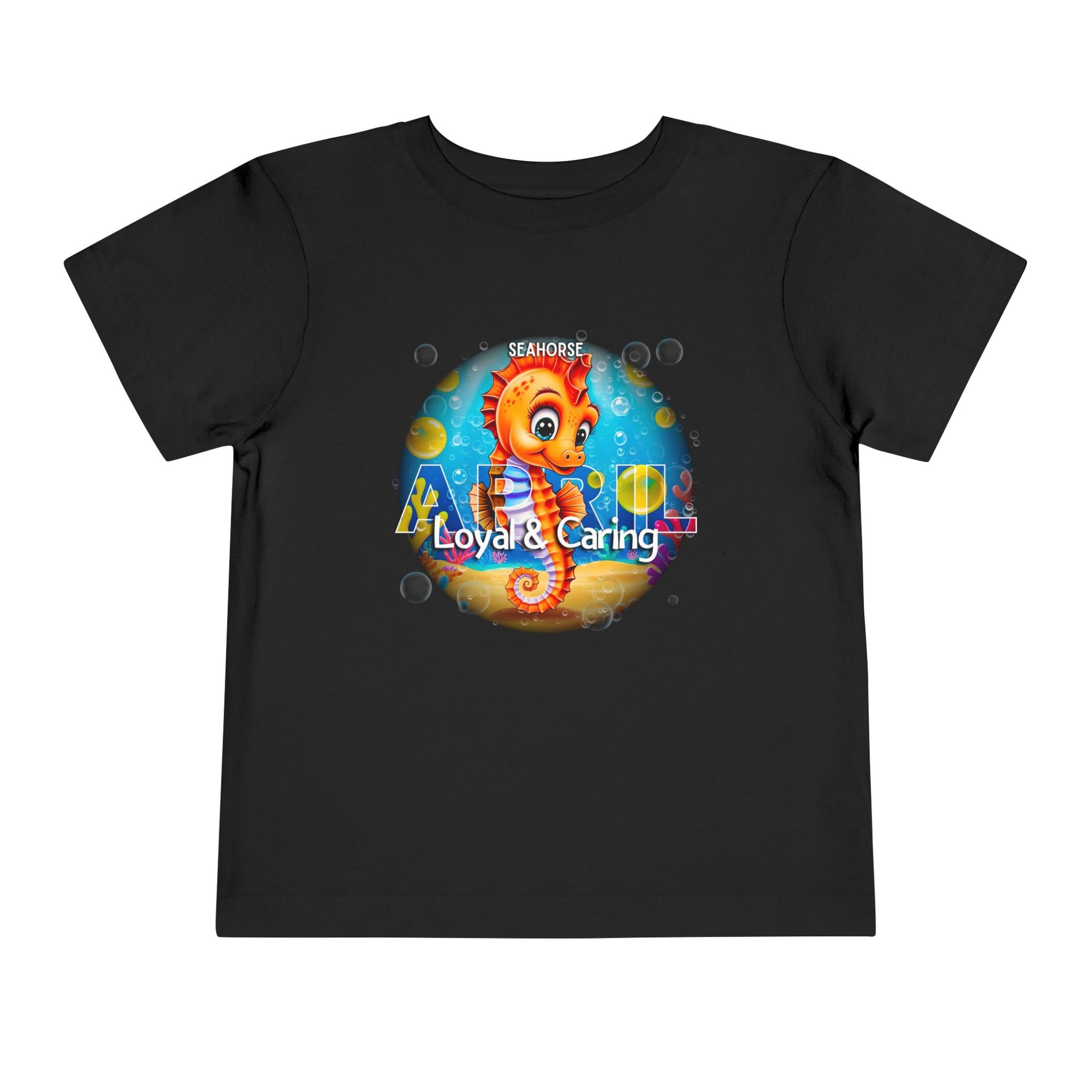 Kids birth month tshirt with colorful seahorse design and loyal caring text on black kids clothes