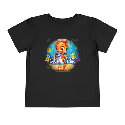 Kids birth month tshirt with colorful seahorse design and loyal caring text on black kids clothes