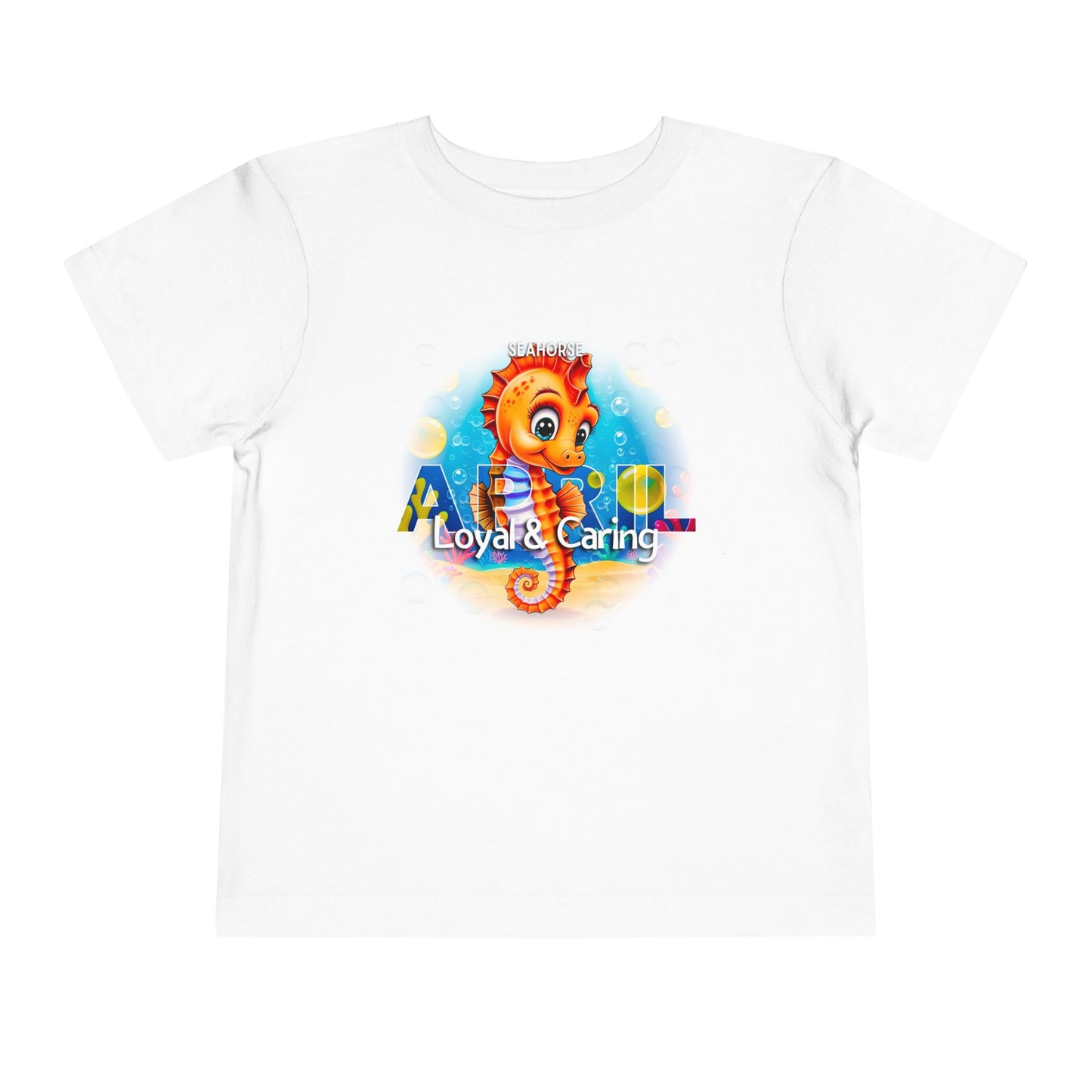 White kids birth month tshirt with colorful seahorse and loyal caring text design