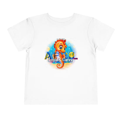 White kids birth month tshirt with colorful seahorse and loyal caring text design