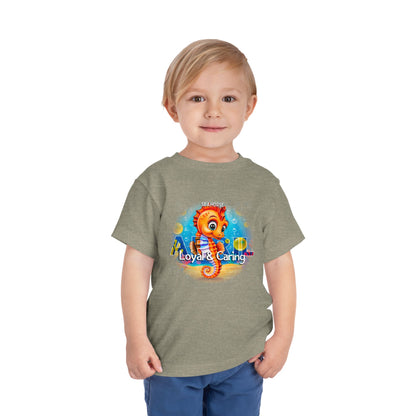 Kids birth month tshirt featuring a colorful seahorse design with loyal and caring traits