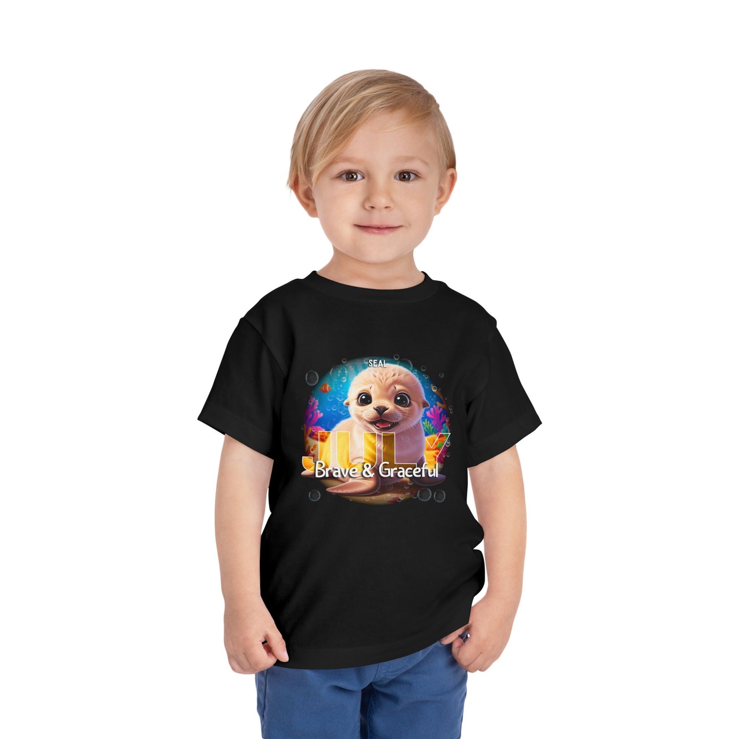 Kids birth month tshirt featuring a cute sea lion graphic with Brave and Graceful text