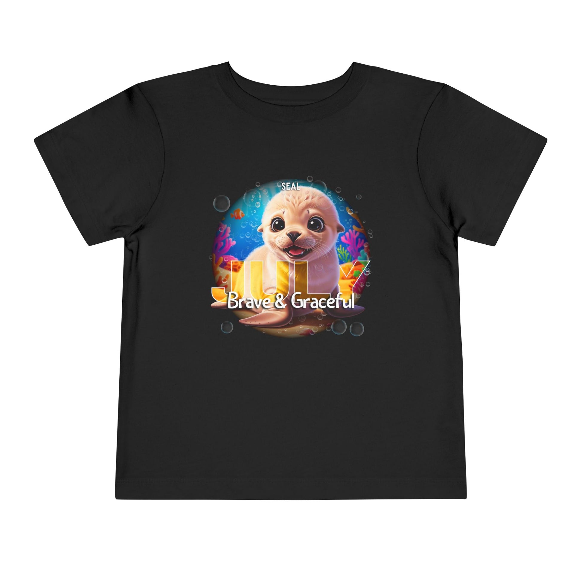 Black kids birth month tshirt featuring a cute seal with brave and graceful text and colorful underwater design